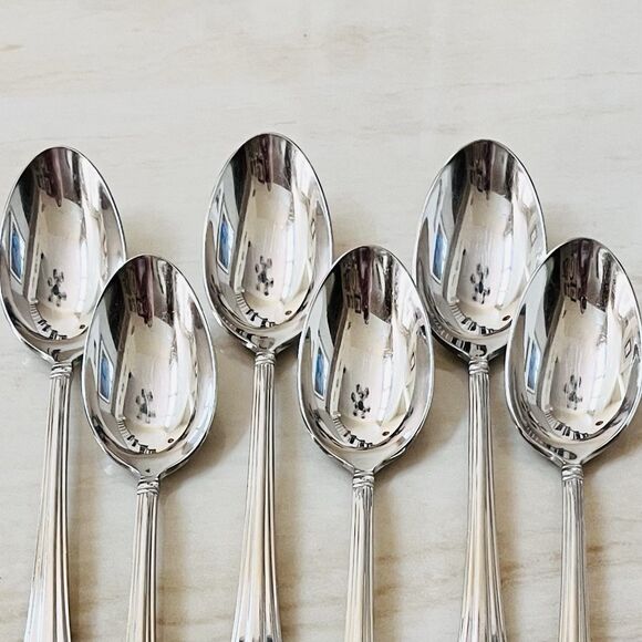 6pc WATERFORD Mont Clare Soup Spoon 7 1/8” Stainless Ridged Handle Flare Tip - Picture 2 of 8